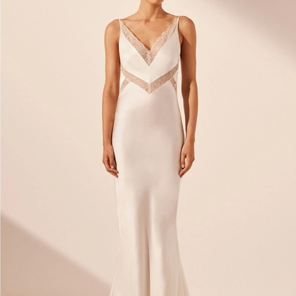 Shona Joy Dresses & Skirts - Shona Joy La Lune Cumulus Silk Plunged Lace Maxi Dress - Ivory